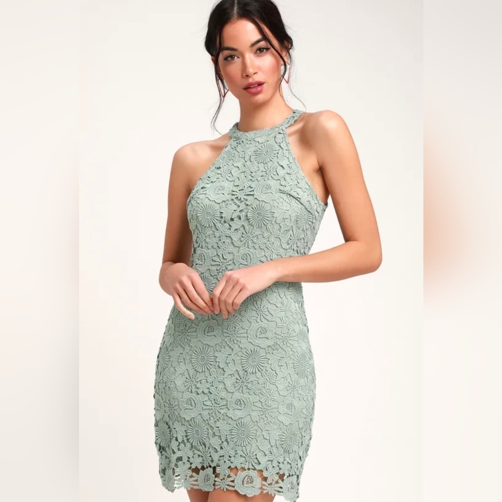 Lulu's Love Poem Sage Green Lace Mini Dress NWT